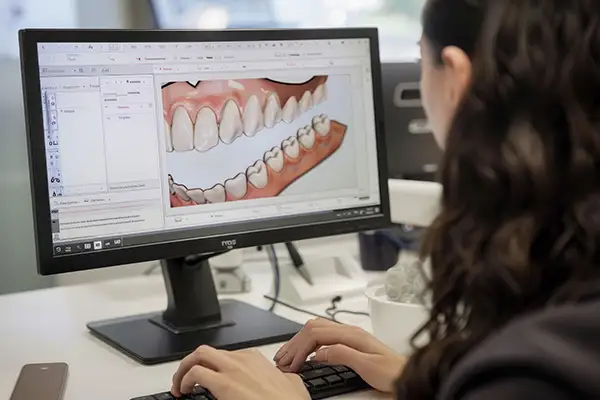 Dentist using digital smile design software on a computer, displaying dental models for cosmetic treatment planning.