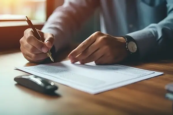 A man sitting at a desk wearing a watch and using a pen to fill out insurance paperwork.